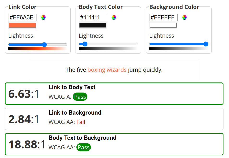 The link contrast checker results