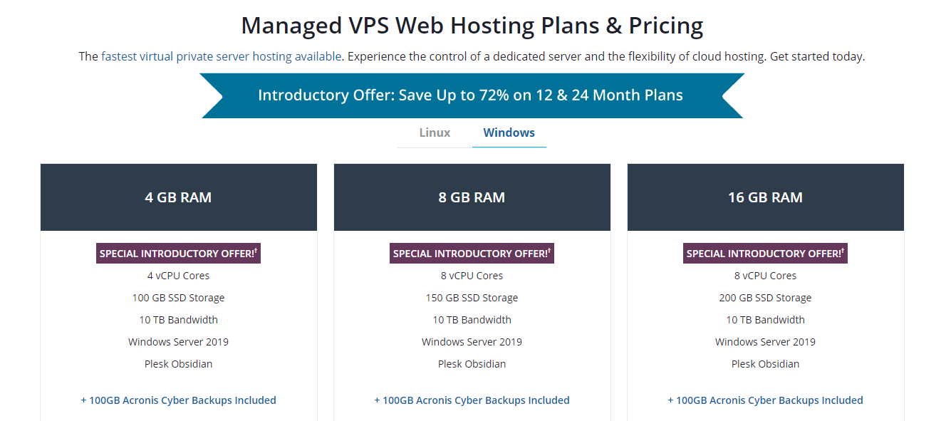 Some of Liquid Web's managed VPS hosting options for Windows