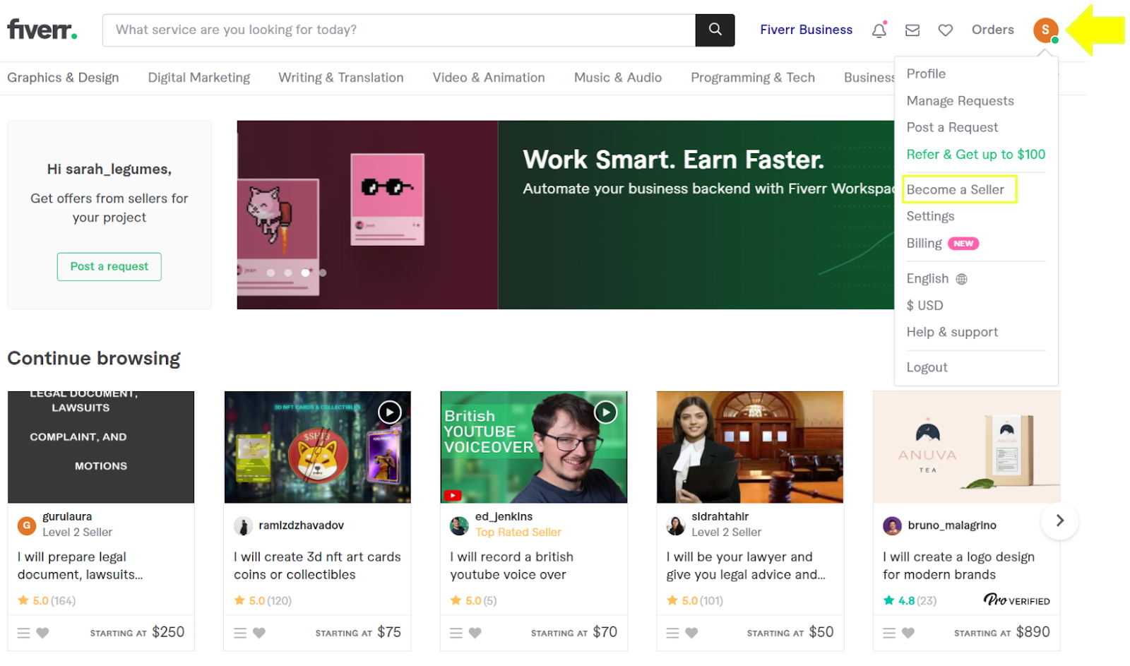 Become a seller' option under your profile - Fiverr homepage