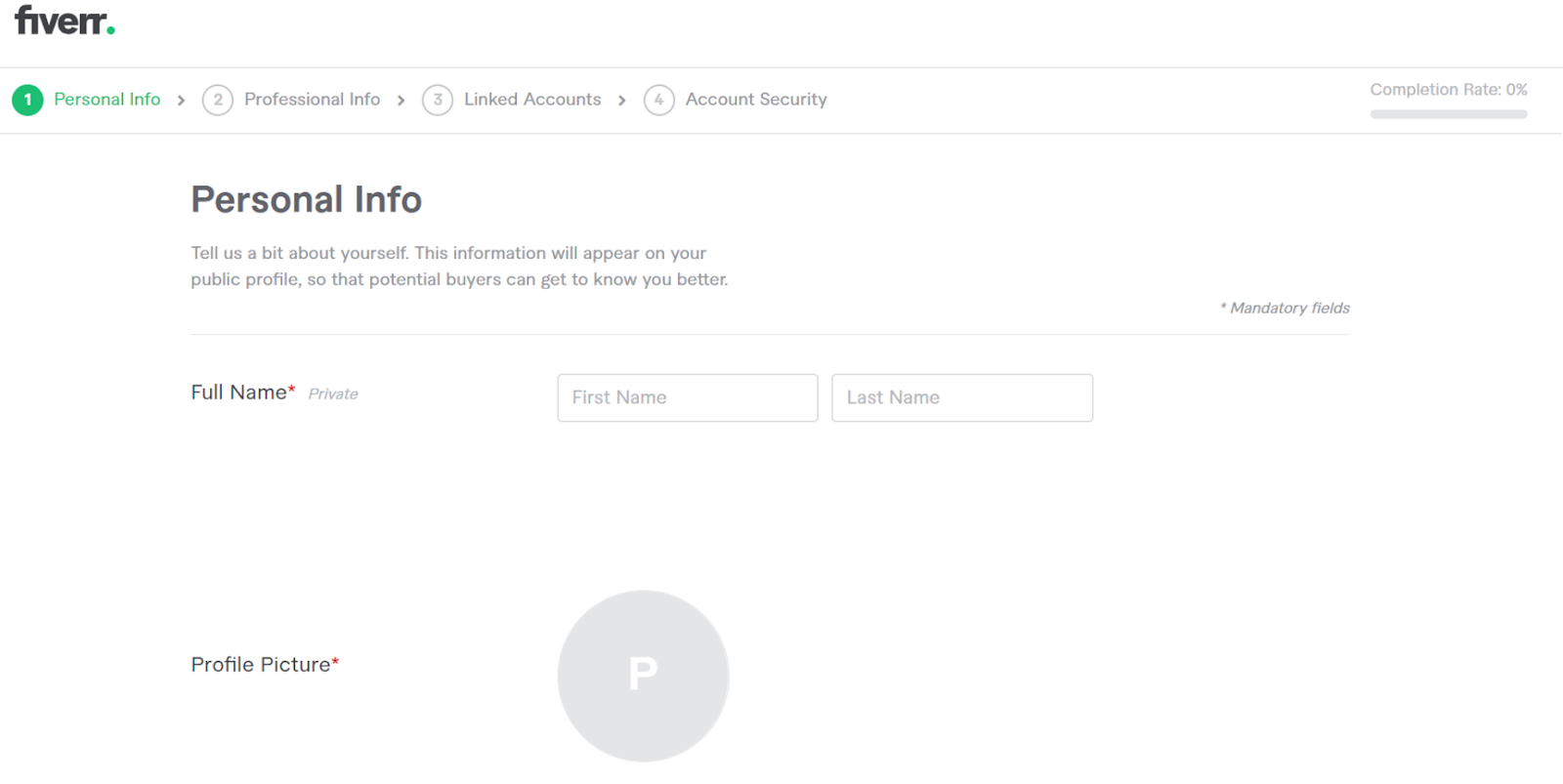 Creating an account on Fiverr - Personal Info page