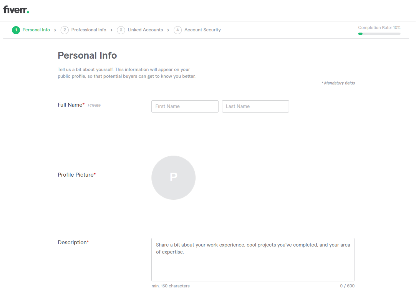 Fiverr Personal Info page - how to set up your profile