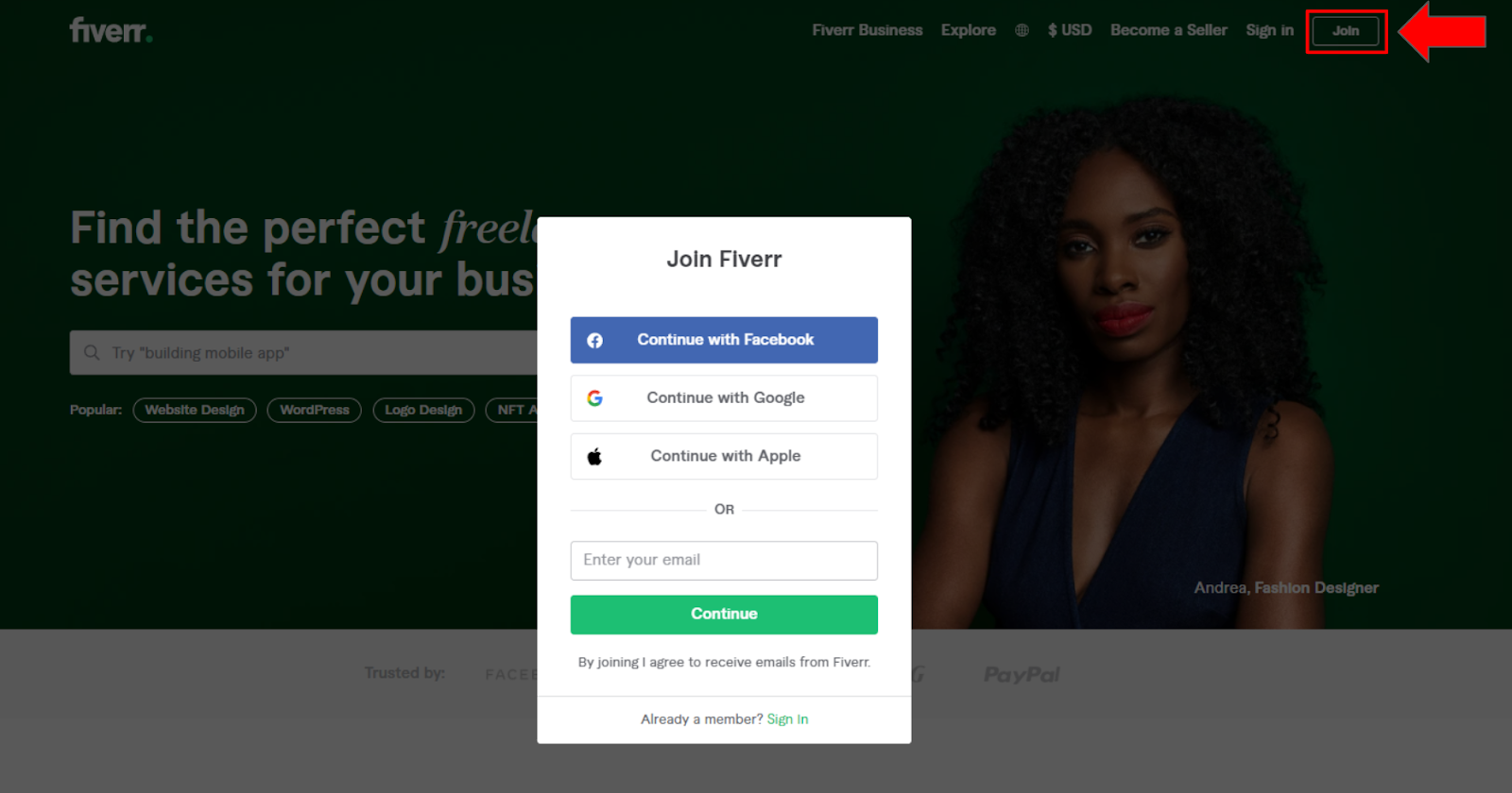 'Join' Fiverr button and sign up form - Fiverr homepage