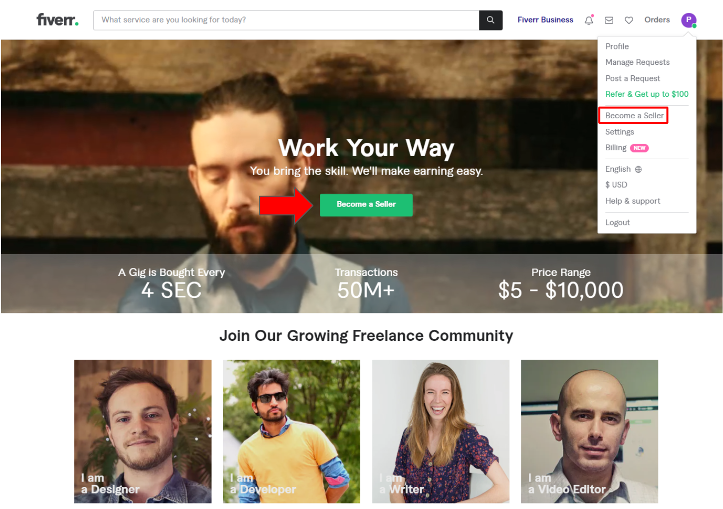 'Become a Seller' button on Fiverr homepage