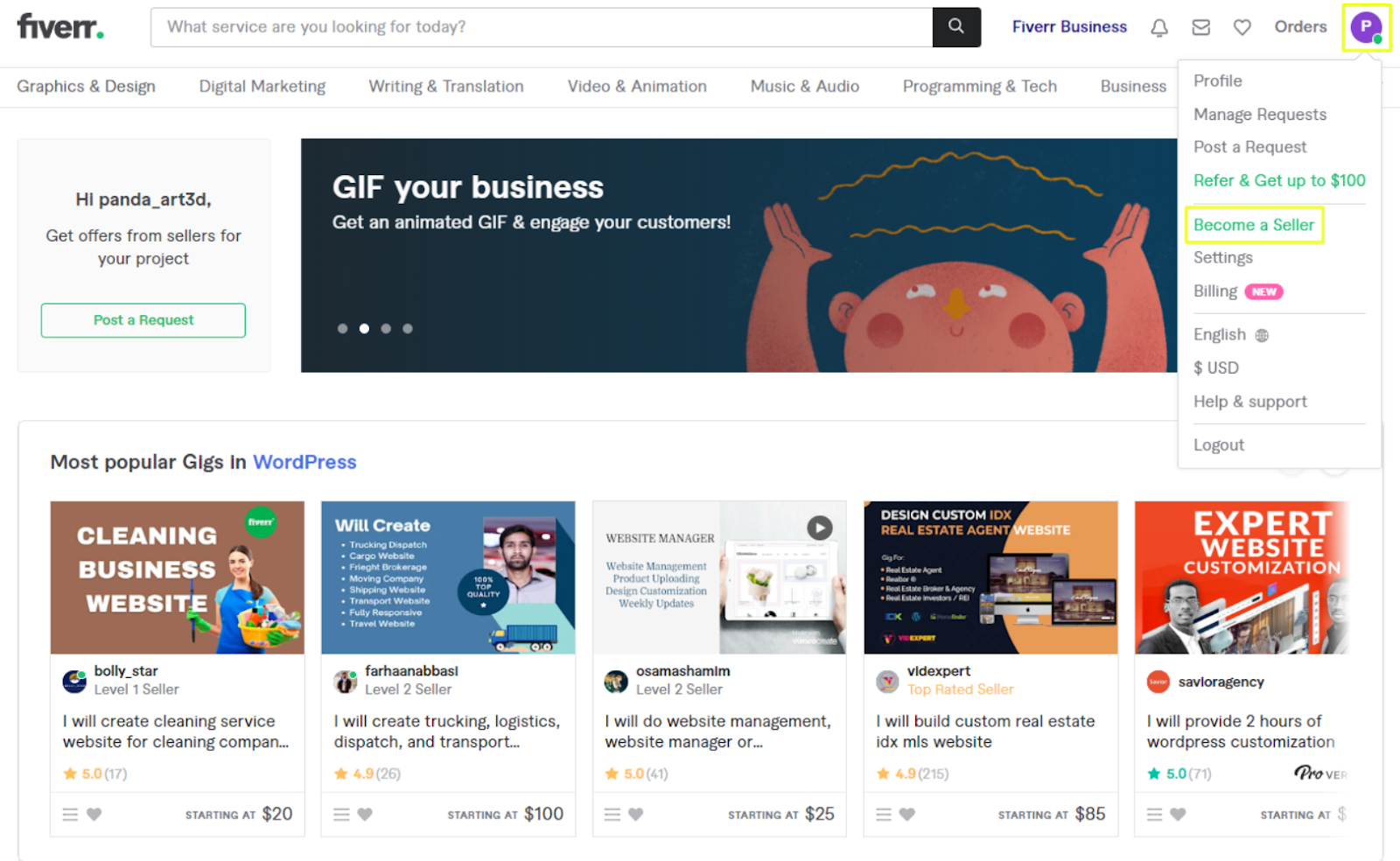 Fiverr landing page - 'Become a seller' option in top right corner