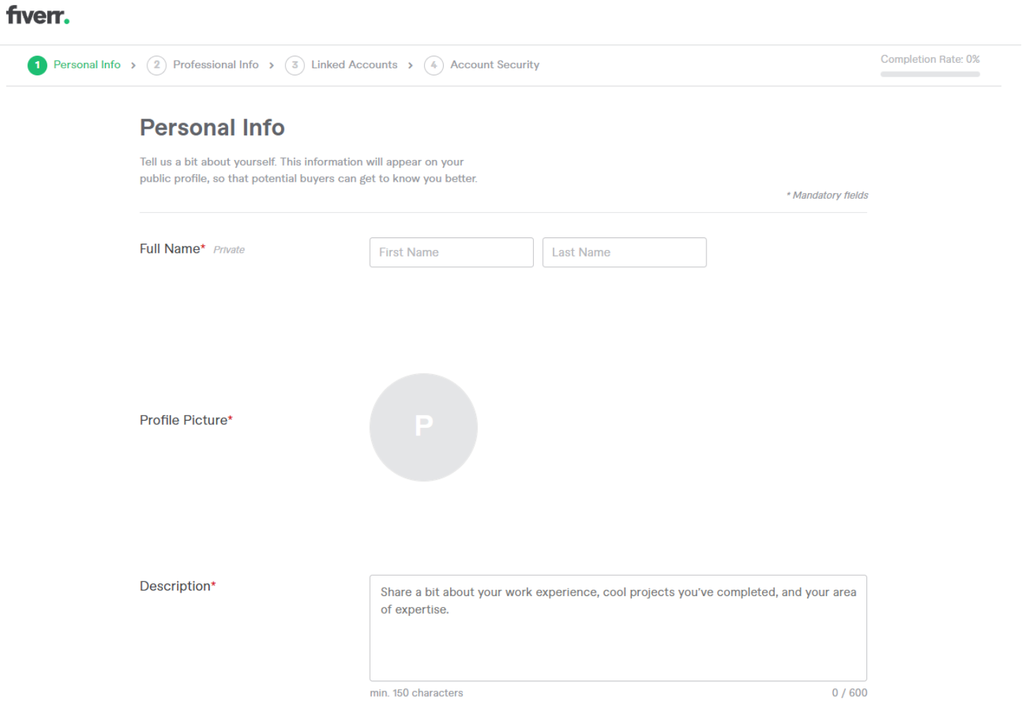 Fiverr sign up process - Personal Info page