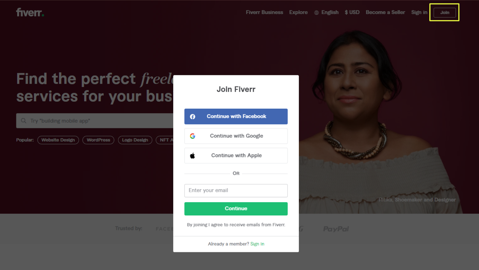 Fiverr homepage - How to join