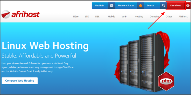 Screenshot of an Afrihost web page