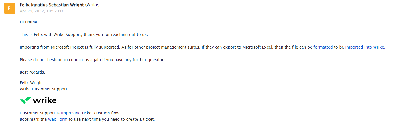Wrike's email customer support