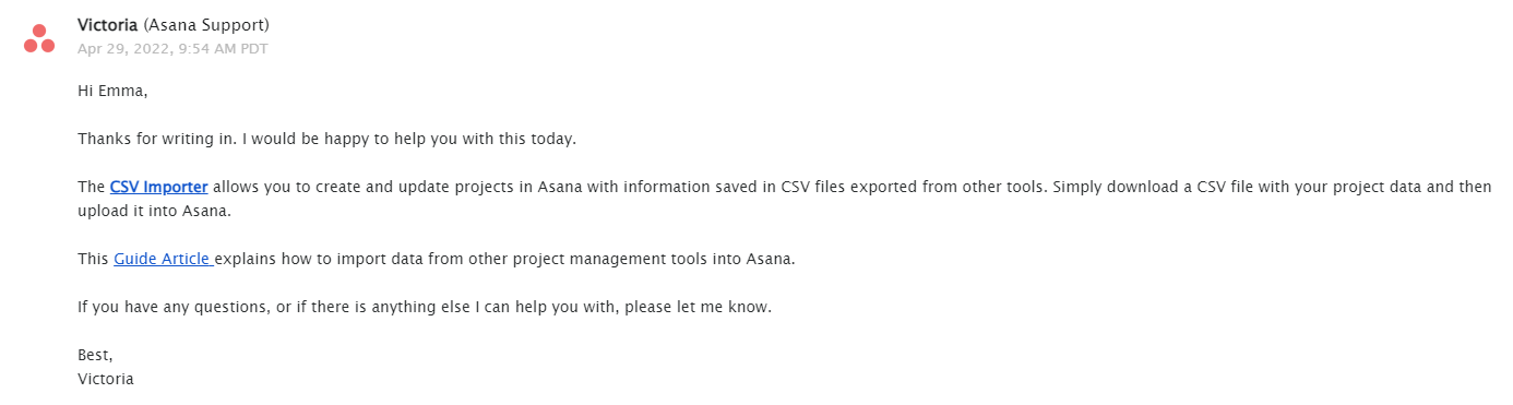 Asana's email customer support