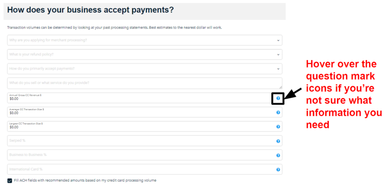 Stax merchant account application form.
