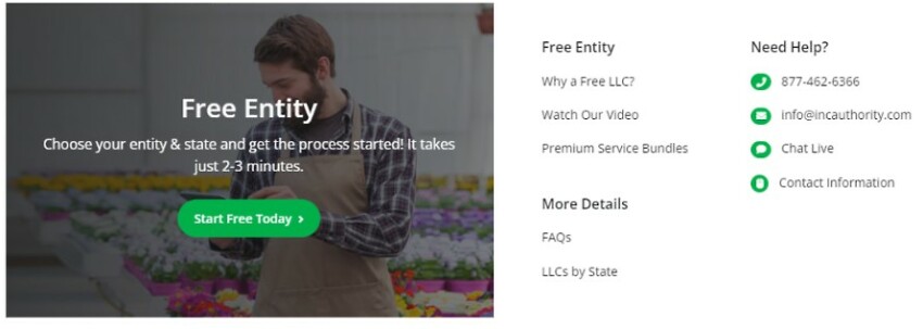 A screenshot of Inc Authority website depicting the free LLC entity, company contact information and how to get started in 2-3 minutes