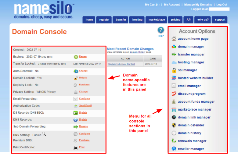 Some of NameSilo's domain management settings