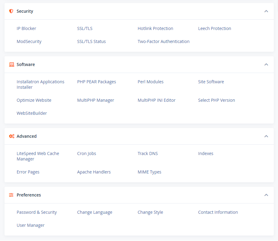 Some of the performance features (and others) as seen in cPanel