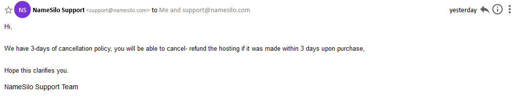 the email response from NameSilo