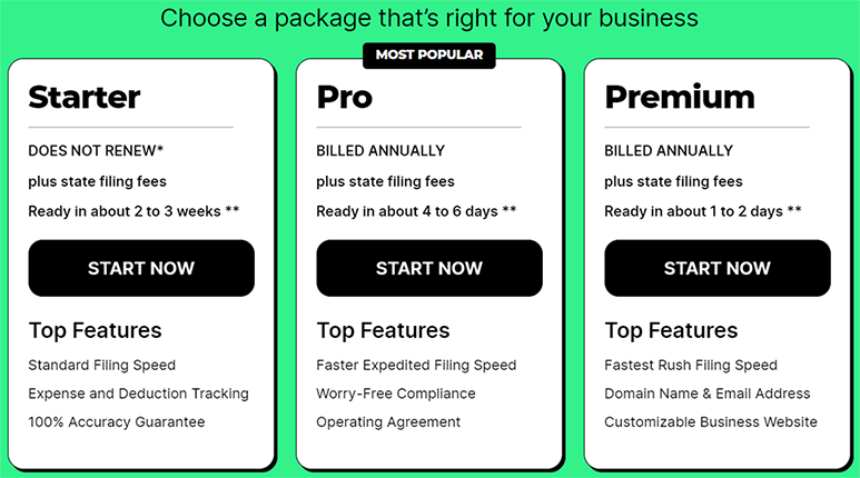 Screenshot of ZenBusiness LLC formation package options with prices omitted