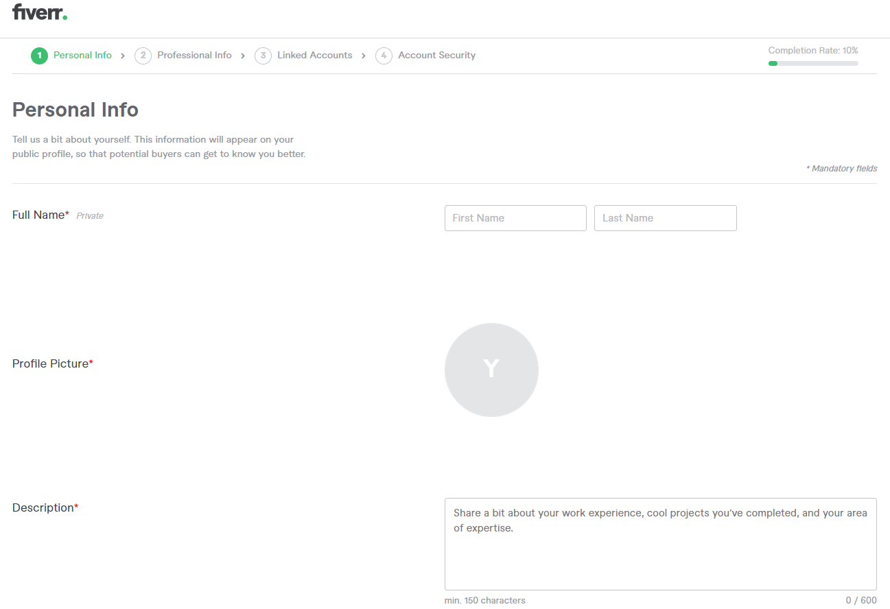 Fiverr personal info during signup