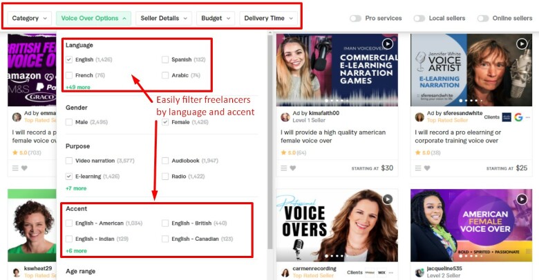 Searching for voiceover artists on Fiverr - filter by language and accent