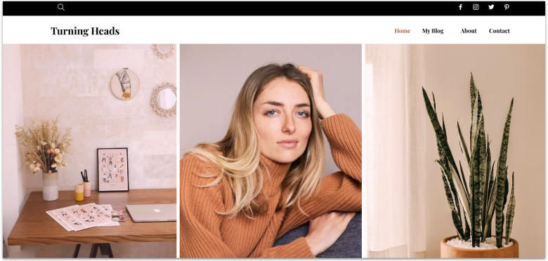 Wix's blog template showing three images of a desk, woman, and plant, arranged in a grid format side-by-side.