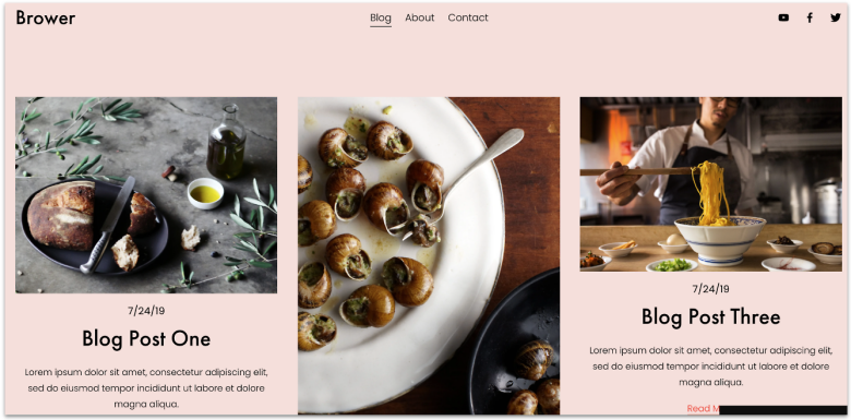 Squarespace's blog template showing three blog previews with images, titles, and sub texts.