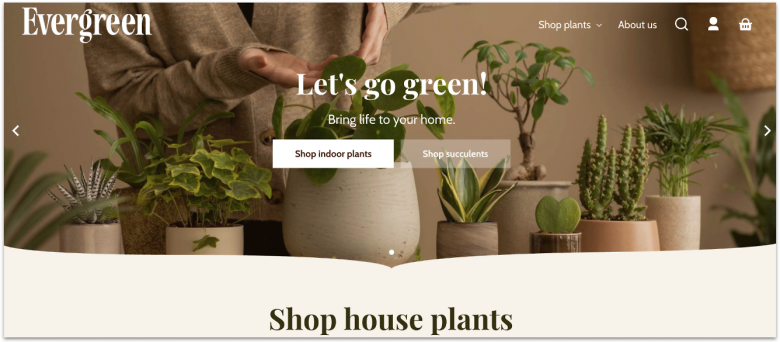 Shopify's plant shop templates, with a background image of different plants.