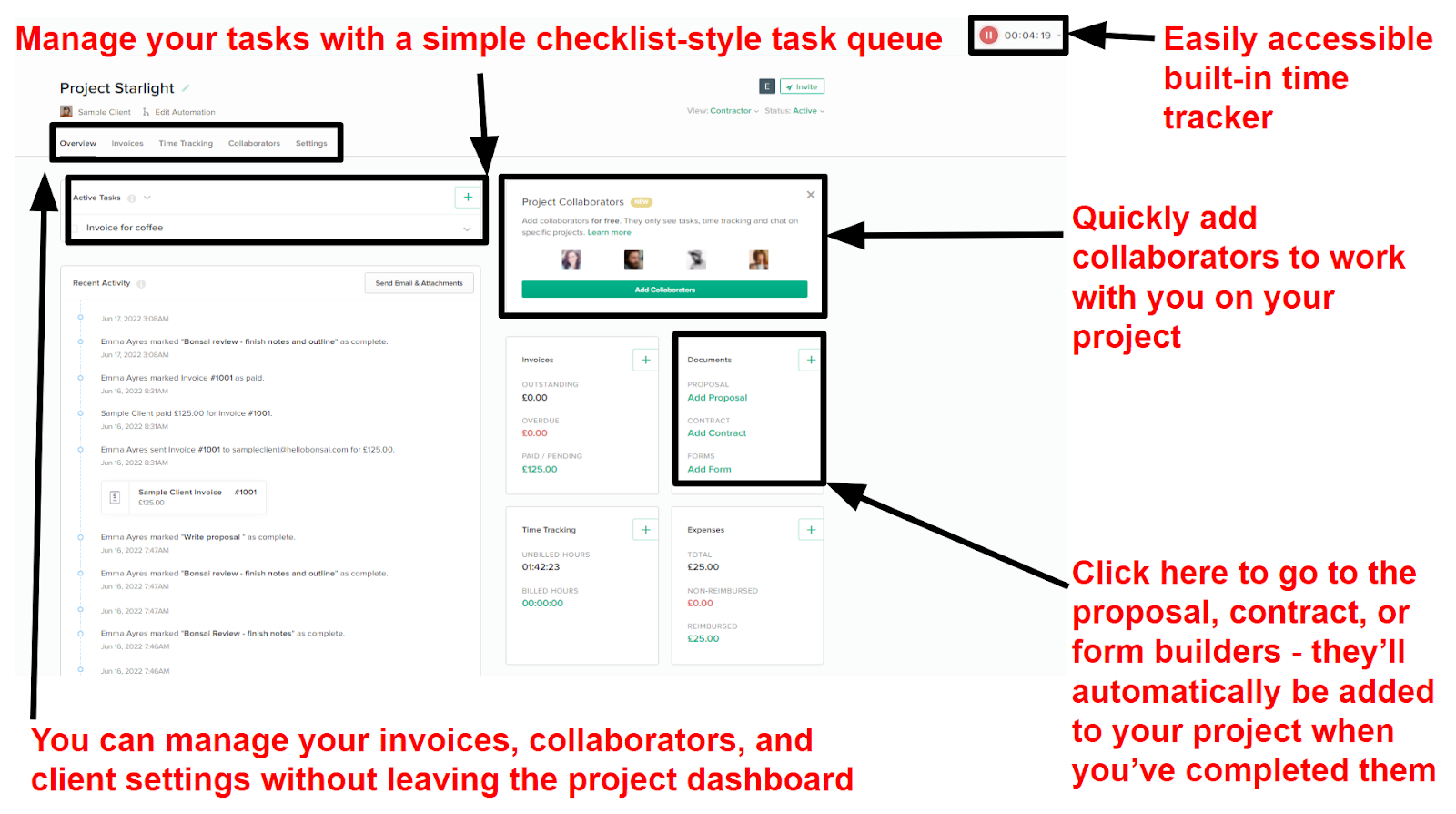 Bonsai's project dashboard