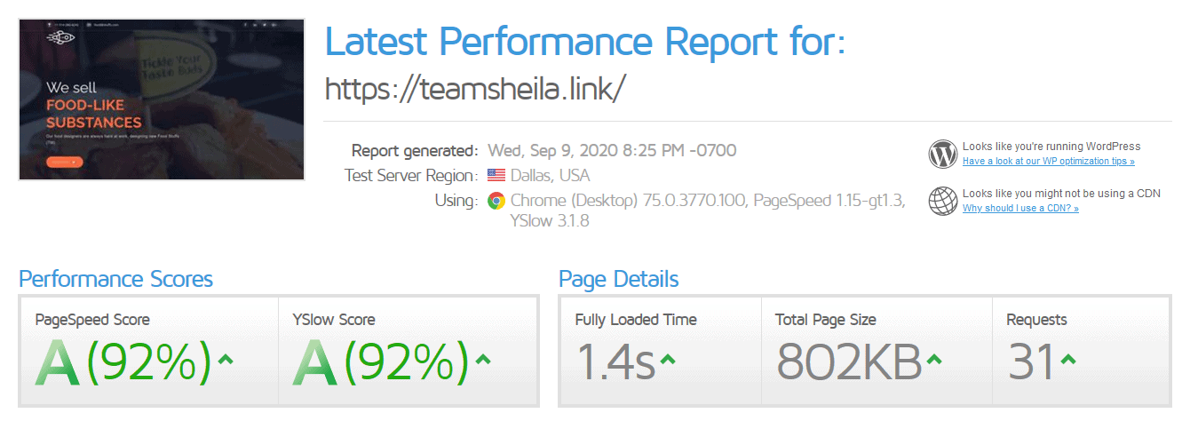 FastComet's GTMetrix scores