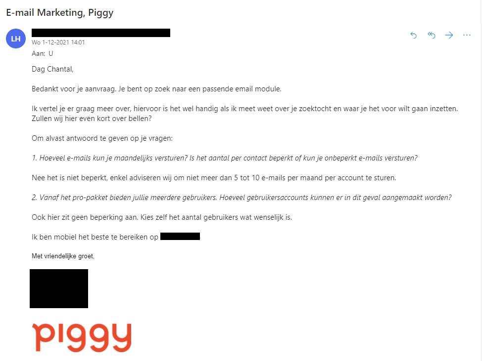 De reactie van Piggy via e-mail
