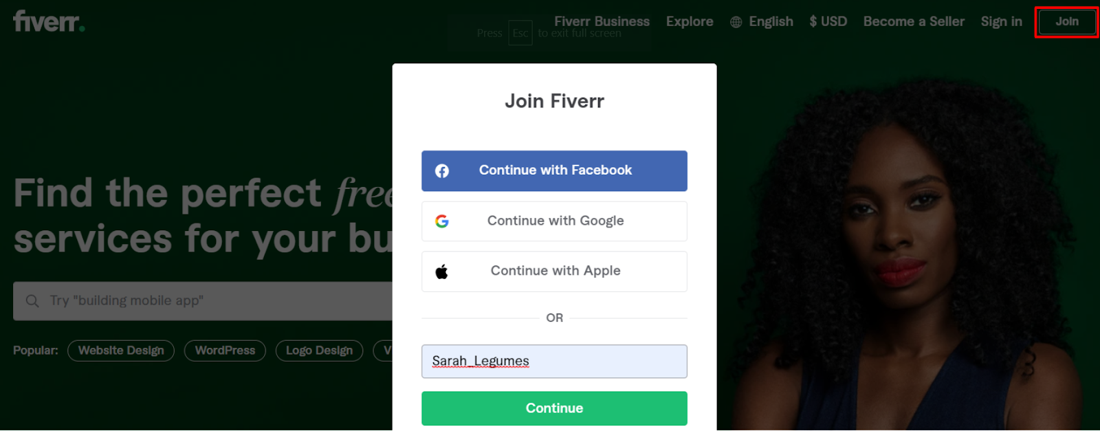 Fiverr homepage sign up