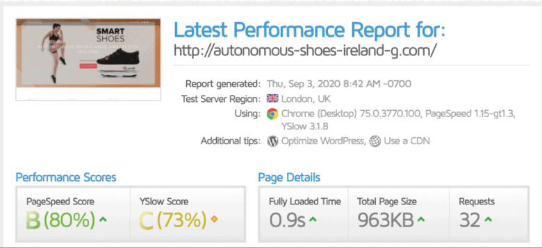 Screenshot of OVHcloud's GTMetrix speed test results