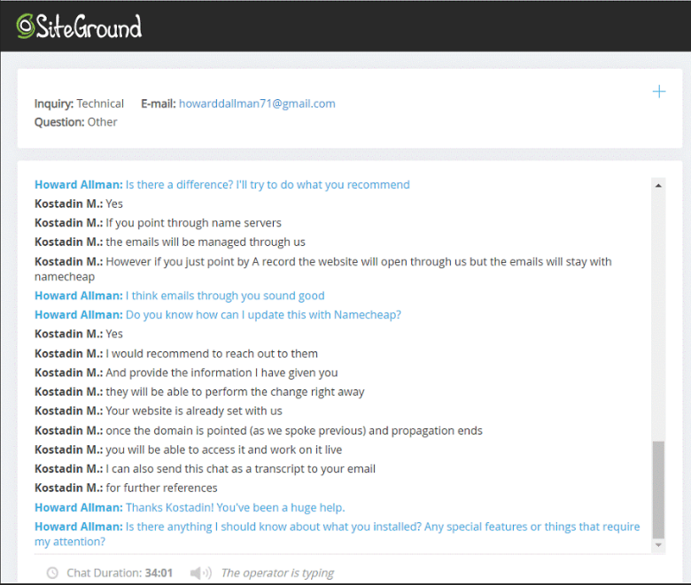 Screenshot of a SiteGround live chat support interaction