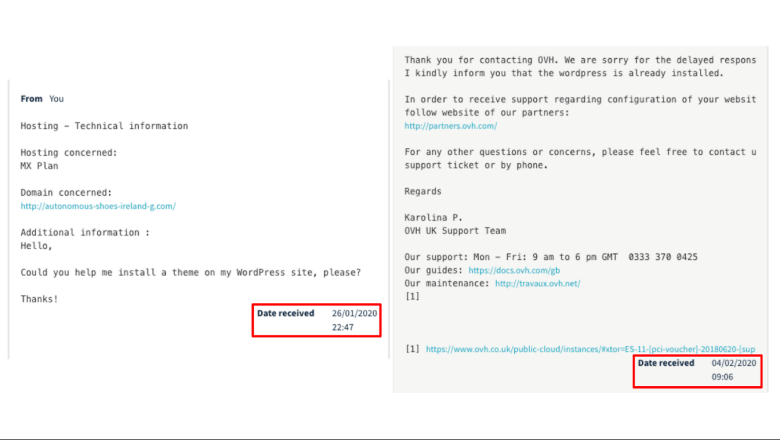 Screenshot of an OVHcloud ticketing support interaction