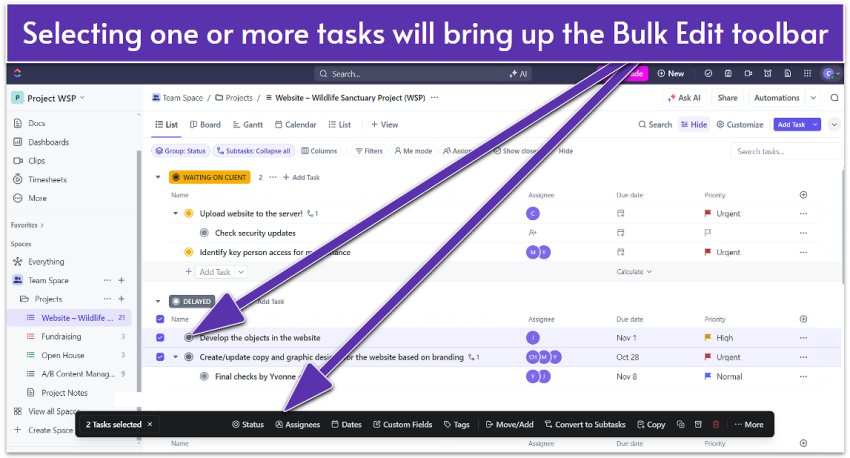 ClickUp bulk edit toolbar