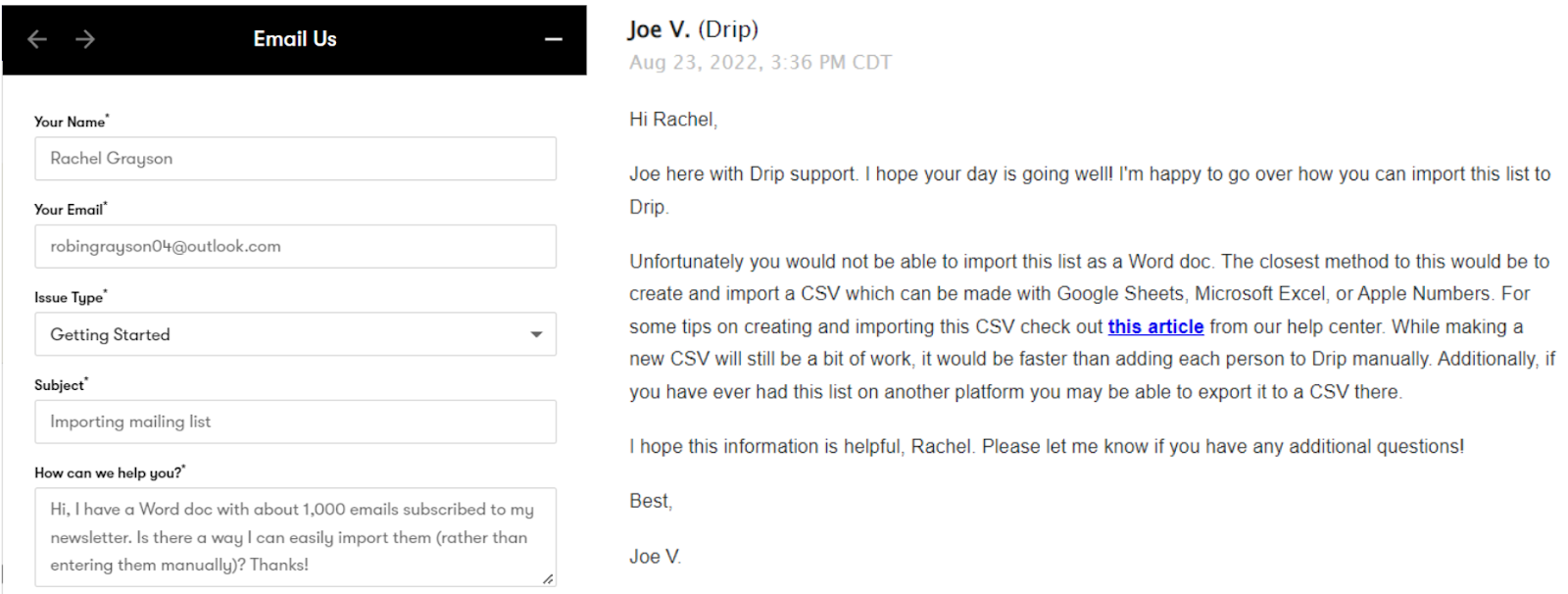 Drip email support response