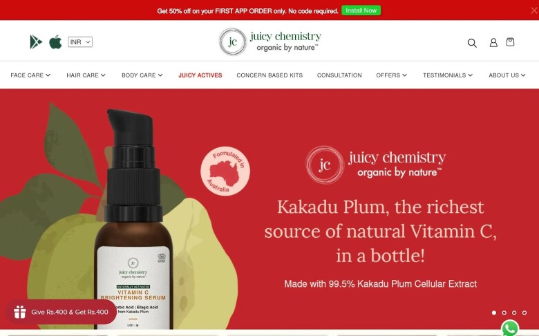 Juicy Chemistry Shopify store homepage