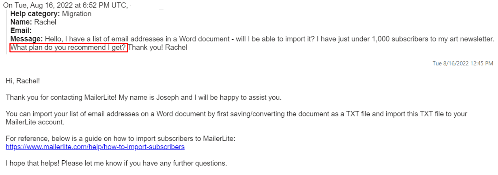 MailerLite email support conversation
