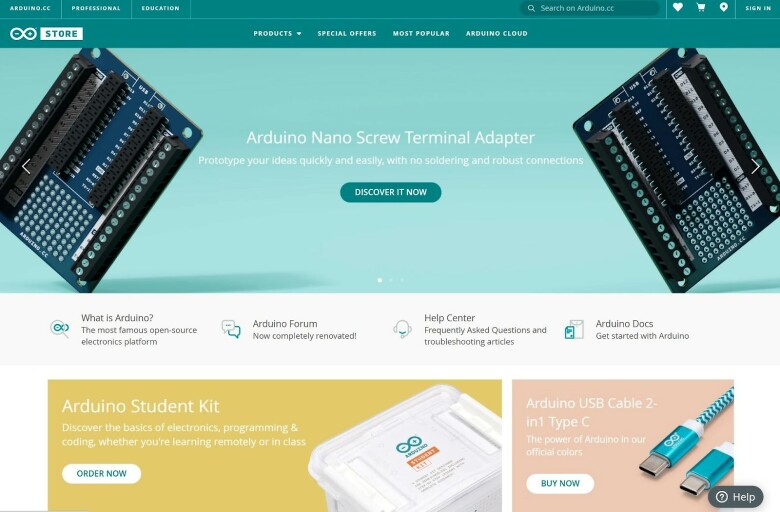 Arduino Shopify store homepage.