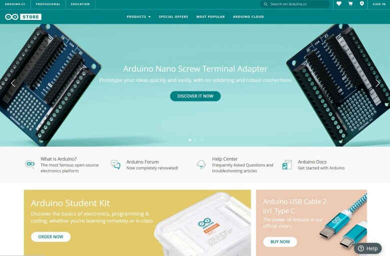 Home page del negozio Shopify di Arduino.