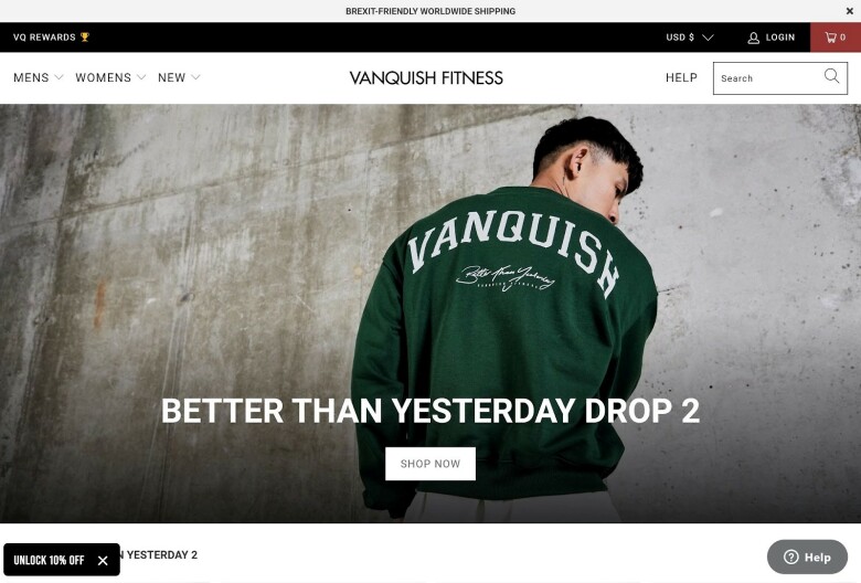 Vanquish Fitness Shopify store homepage.