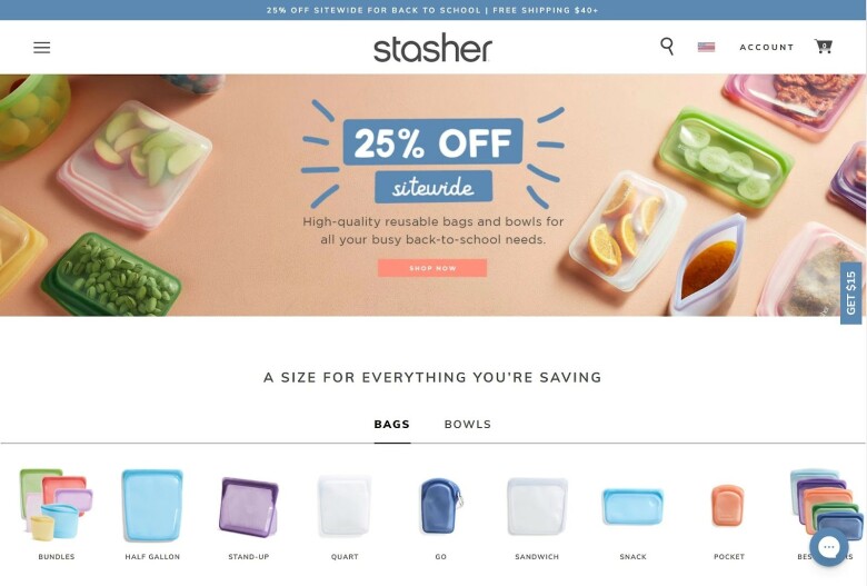 Home page del negozio Shopify di Stasher.