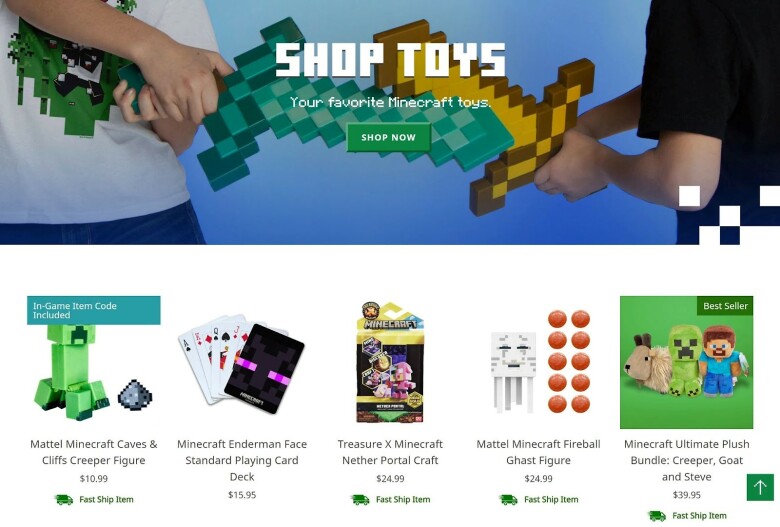 Page d’accueil de la boutique Shopify Minecraft, section jouets.