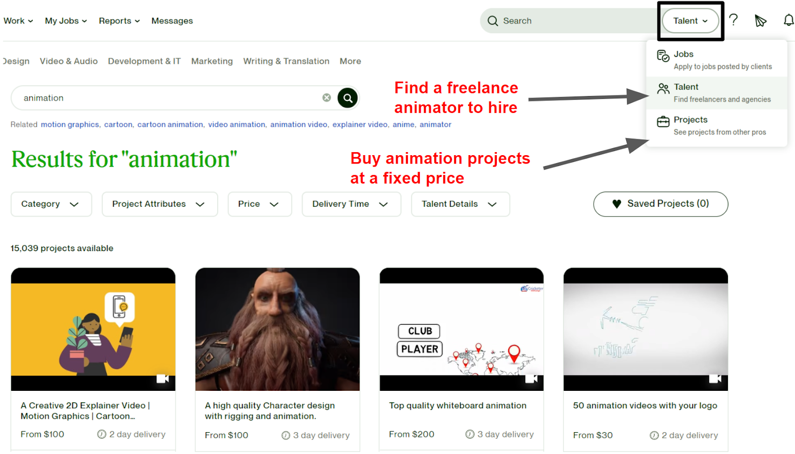 browsing for freelance animators and projects on Upwork