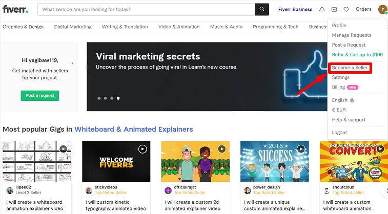 Switch to seller mode on Fiverr