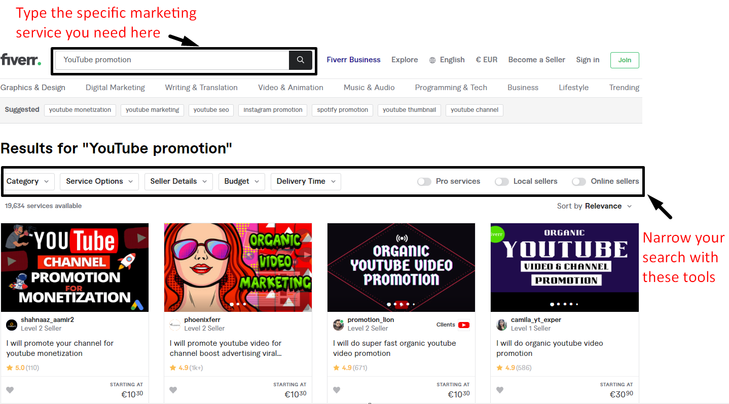 Fiverr YouTube promotion search