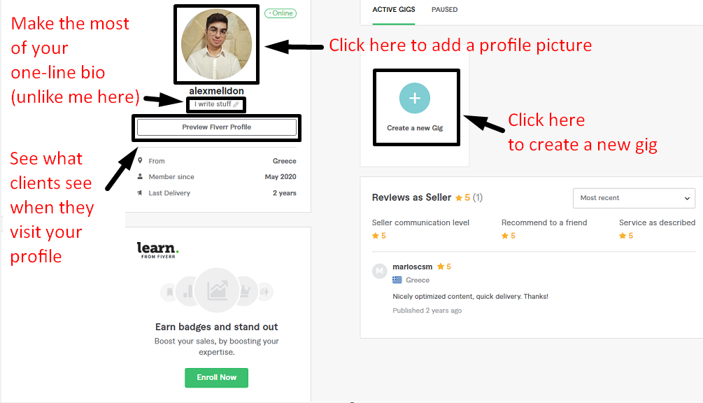 Fiverr profile editing page