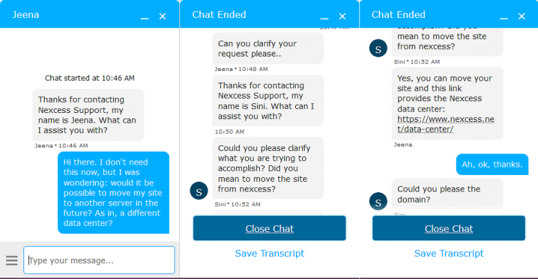 Screenshot of a Nexcess live chat support interaction