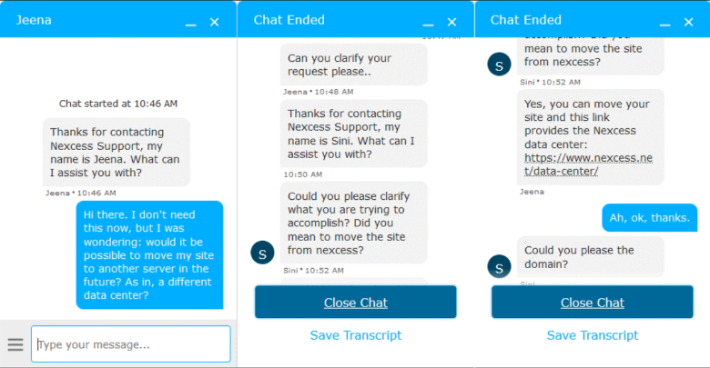 Screenshot of a Nexcess live chat support interaction