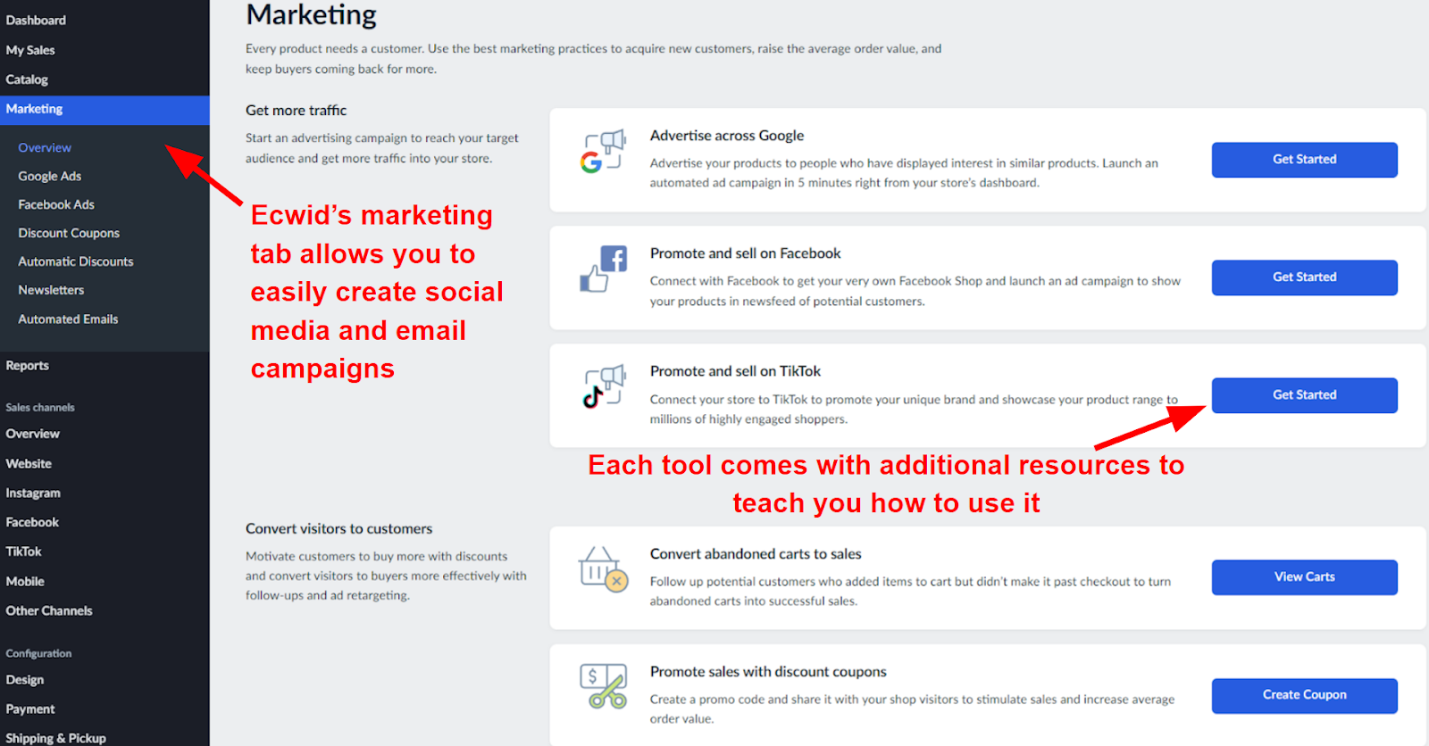 Ecwid's Marketing dashboard