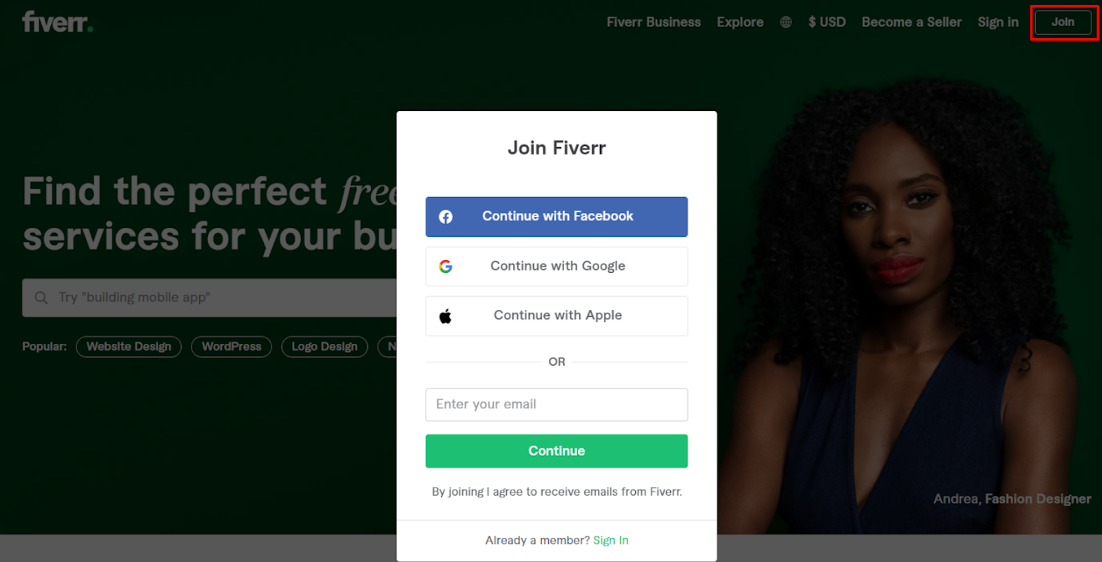 Fiverr homepage and join button