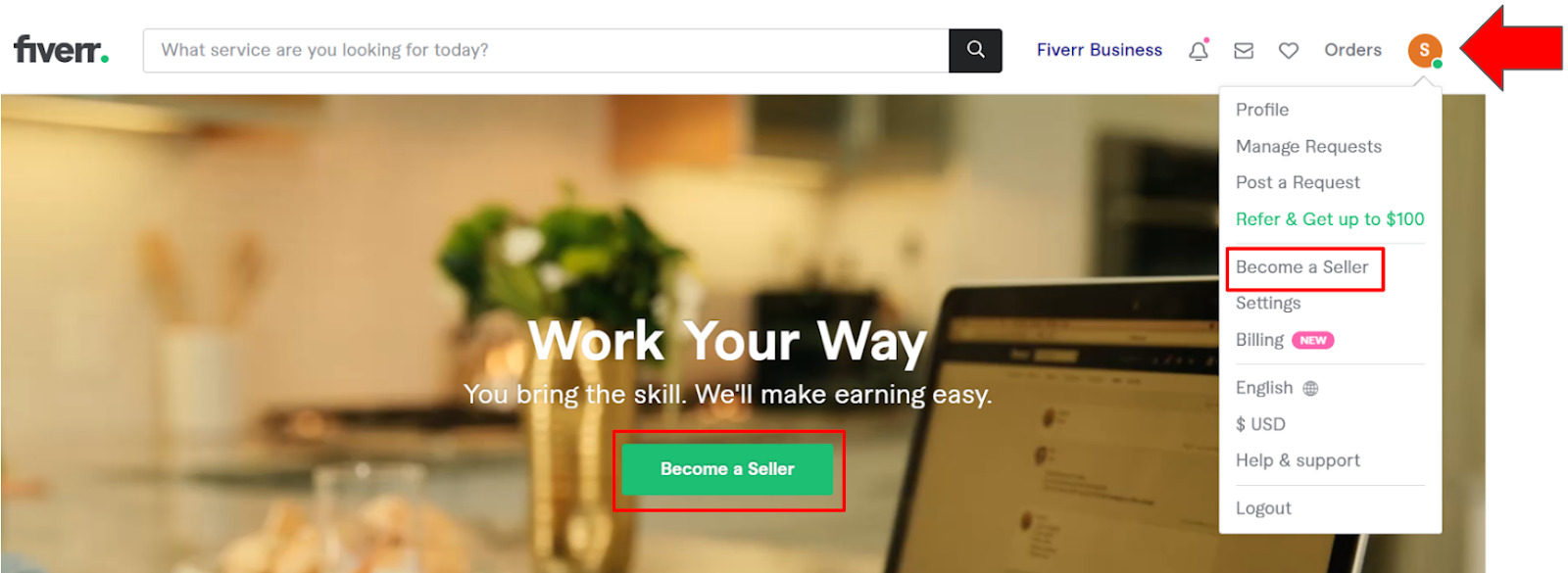 Becoming a seller button on Fiverr landing page