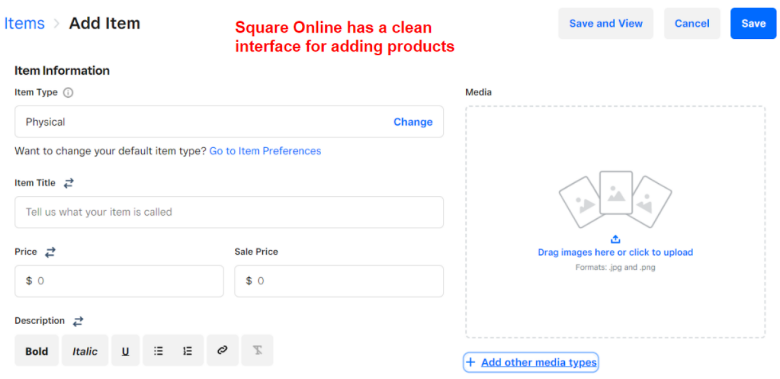 Square Online Interface for Adding Items